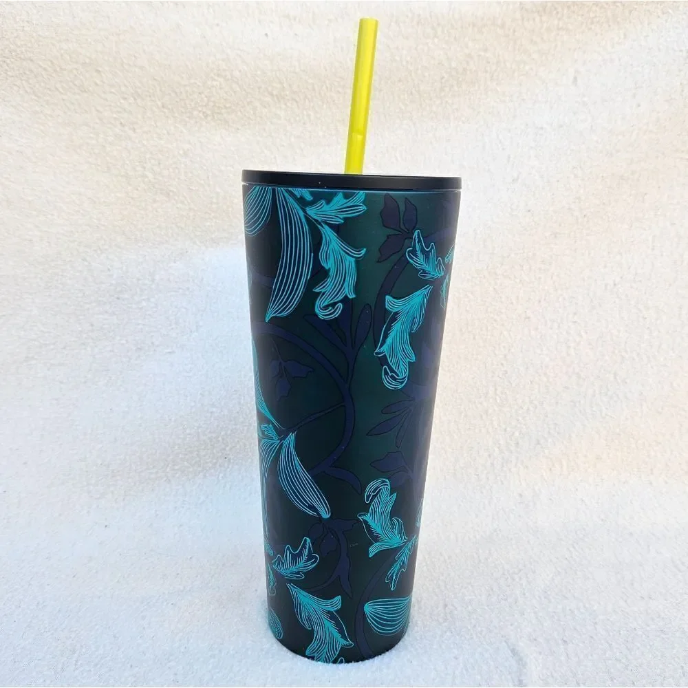 Starbucks Blue and Green Floral Steel Tumbler 24oz